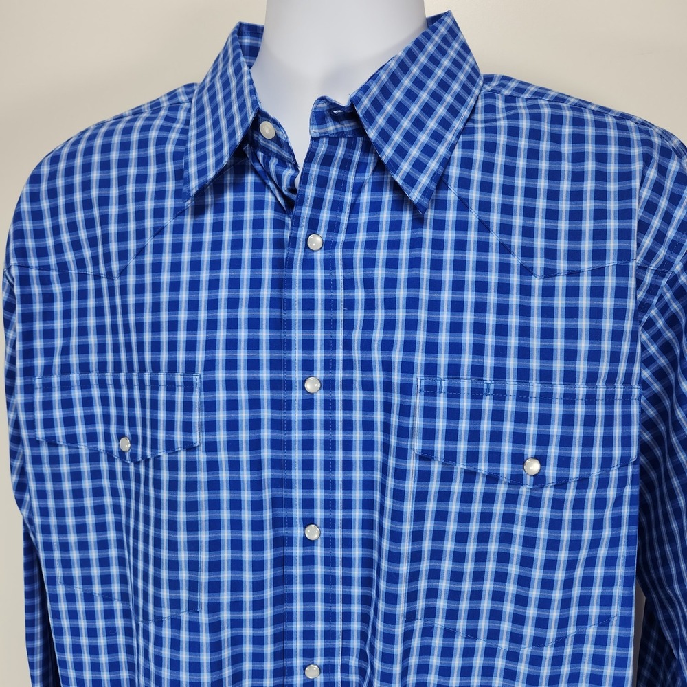 Wrangler Men's Blue Plaid‎ Long Sleeve Pearl Snap Button Shirt Regular Size XL